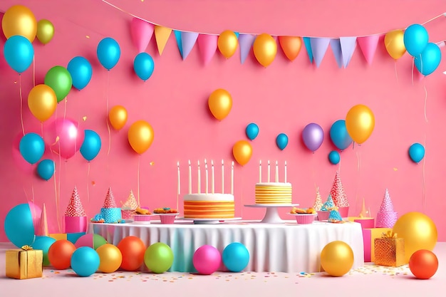 Happy birthday cake balloons candles and confetti