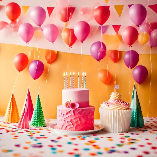 Photo happy birthday cake balloons candles and confetti