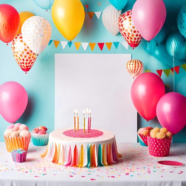お誕生日おめでとうケーキ、風船、キャンドル、紙吹雪