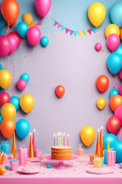 Happy birthday cake balloons candles and confetti