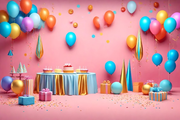 Happy birthday cake balloons candles and confetti