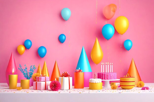 Happy birthday cake balloons candles and confetti