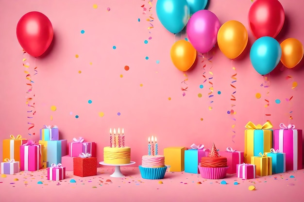 С днем рождения торт, воздушные шары, свечи и конфетти