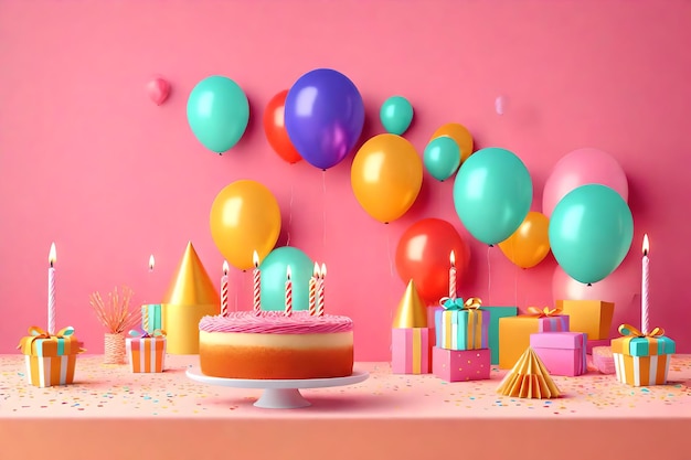 С днем рождения торт, воздушные шары, свечи и конфетти
