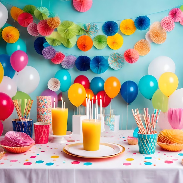 Photo happy birthday cake balloons candles and confetti