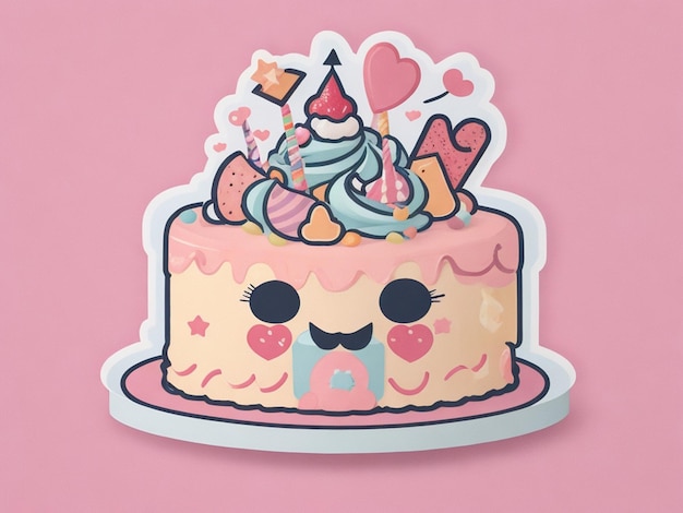 얼굴 귀여운 스타일 생일 카드 스티커 아이콘 kawaii와 생일 축하 케이크 행복한 케이크 디저트
