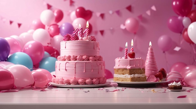 キャンドル、風船、カラフルな紙吹雪でお誕生日おめでとうケーキ パーティー