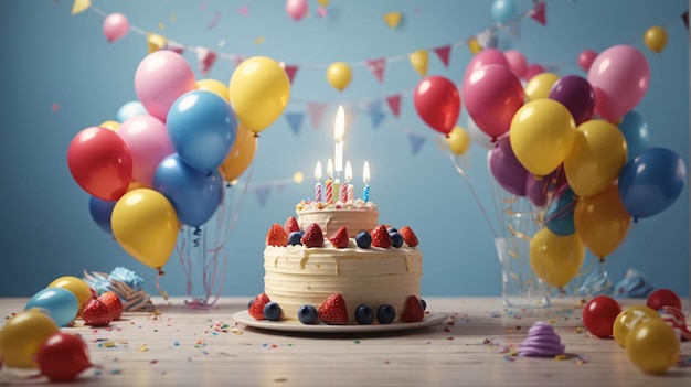 キャンドル、風船、カラフルな紙吹雪でお誕生日おめでとうケーキ パーティー