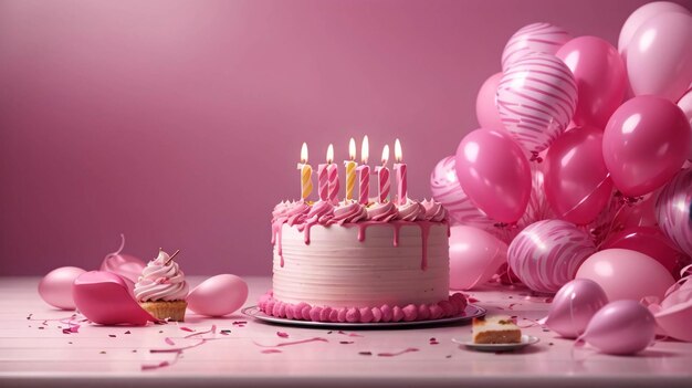 С днем рождения торт со свечами, воздушными шарами и красочными конфетти