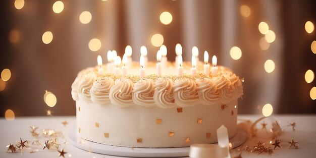 Happy birthday cake with candles on the background of garlands a