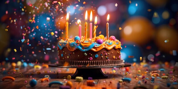 Happy birthday cake with candles balloons and confetti background Generative AI