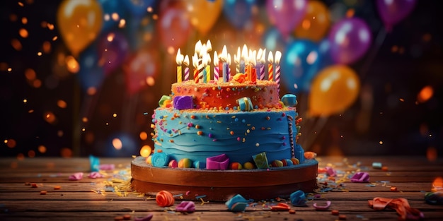 Happy birthday cake with candles balloons and confetti background Generative AI