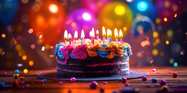 Happy birthday cake with candles balloons and confetti background Generative AI