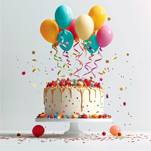 Happy birthday cake with colorful balloons decora Ai generative