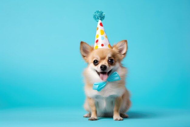 Happy Birthday Card Happy Party Dog Isolated On Blue ai generated