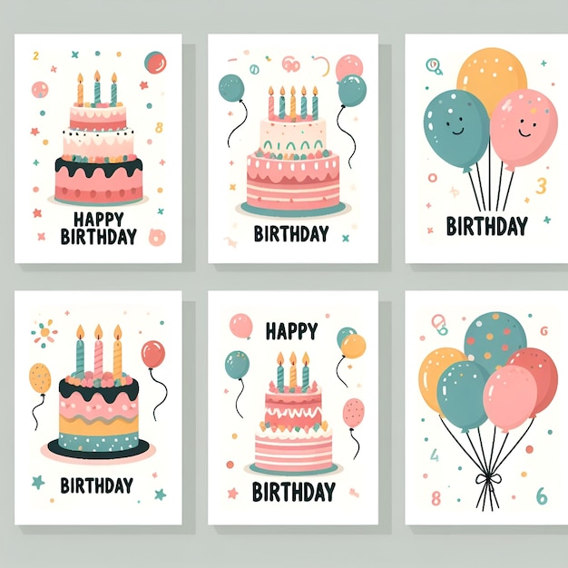 Happy birthday card set with cake balloons and calligraphy Cute and elegant illustration template