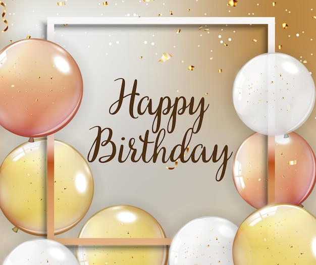 A happy birthday card with balloons and a gold frame.