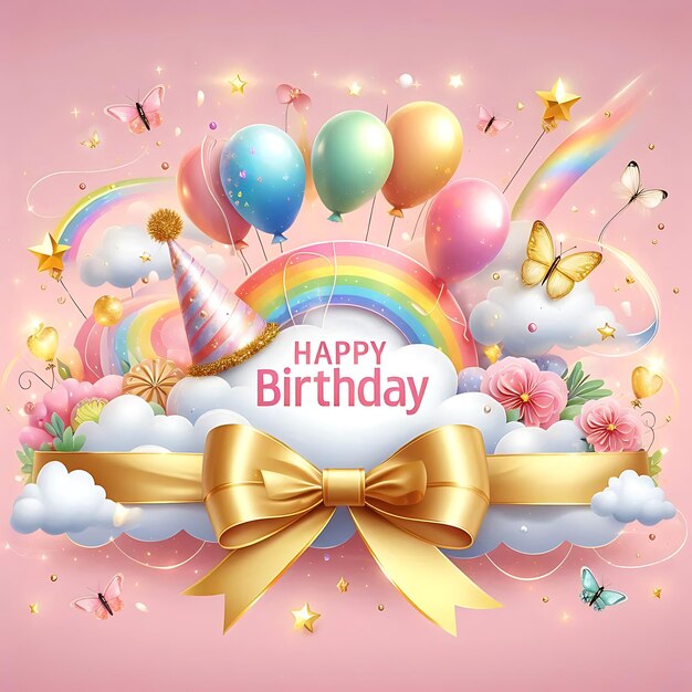 A happy birthday card with balloons and a rainbow | Premium