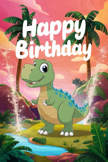 Photo happy birthday card with cartoon dinosaur