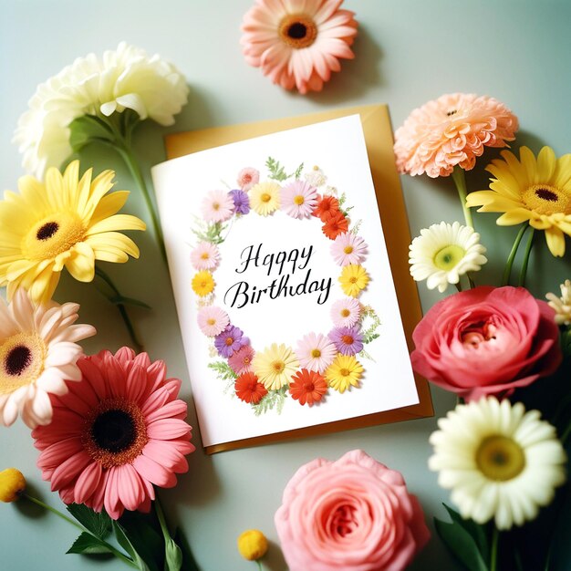 Photo happy birthday card with flowers assortment