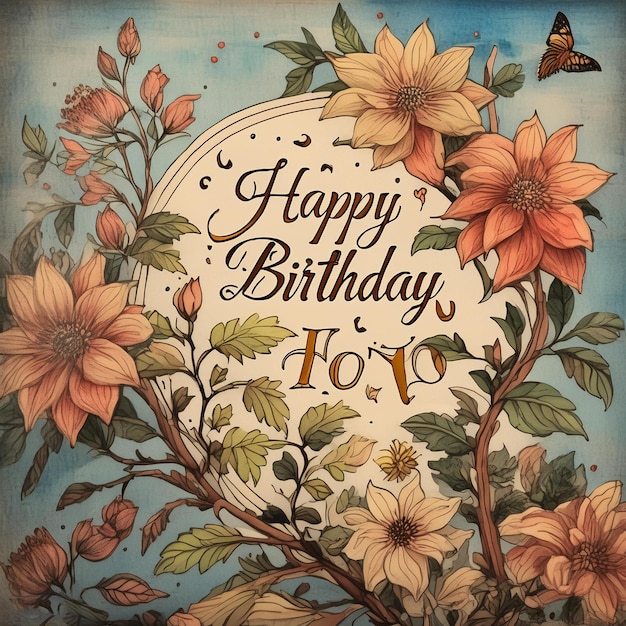 Photo a happy birthday card with flowers and a butterfly on the top