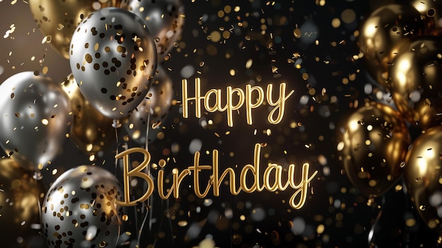 Photo a happy birthday card with gold glitter and a black background with gold glitters
