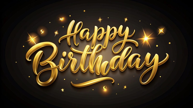 Photo happy birthday card with gold lettering on a black background