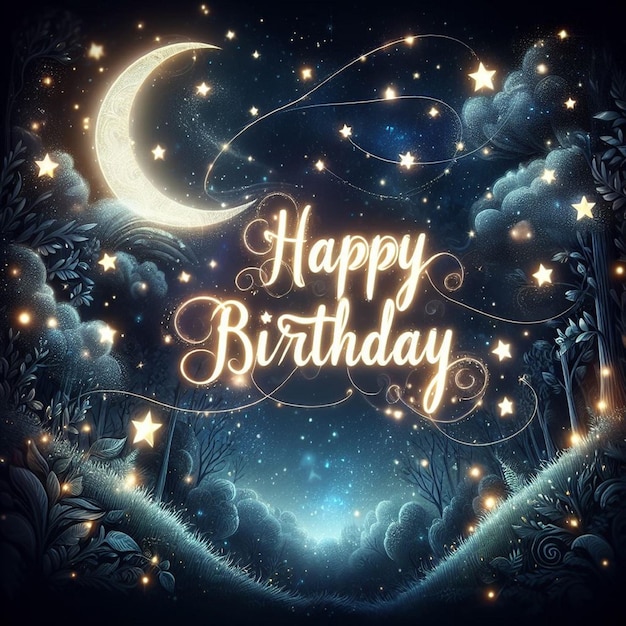 a happy birthday card with a moon and stars in the sky