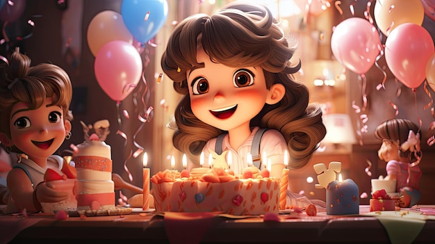 Happy Birthday cartoon kind en een feestelijke cake kaarsen