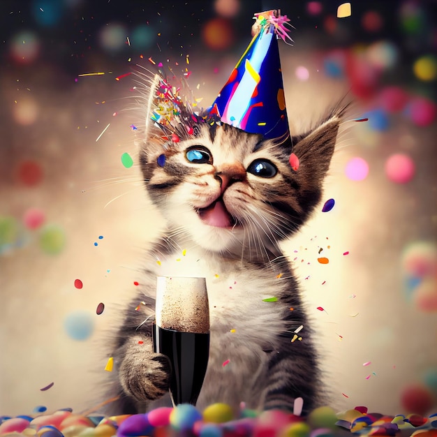 Happy Birthday Cat with Champagne Bottle Generative AI