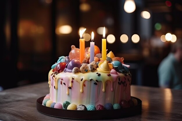 Happy birthday colorful cake with three candles for child in cafe close up generative ai