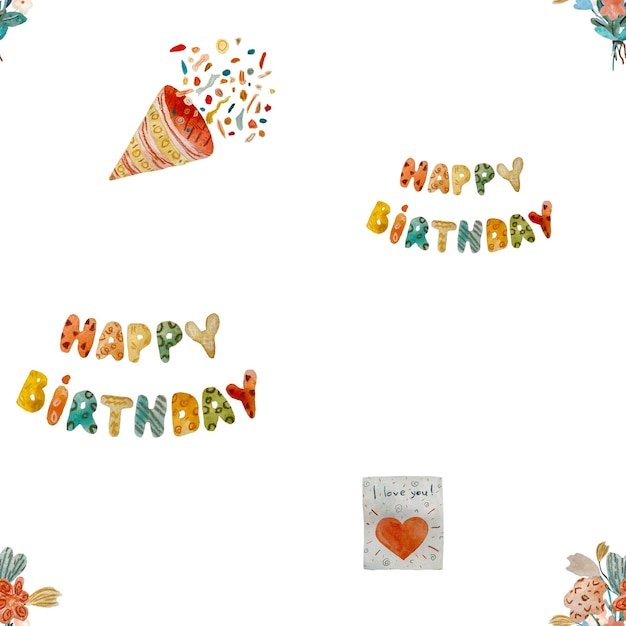 Photo happy birthday confetti colors seamless pattern. a watercolor illustration. hand drawn texture.