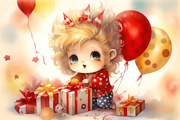 Happy Birthday Cute cartoon little girl with balloon Illustration Post processed AI generated image