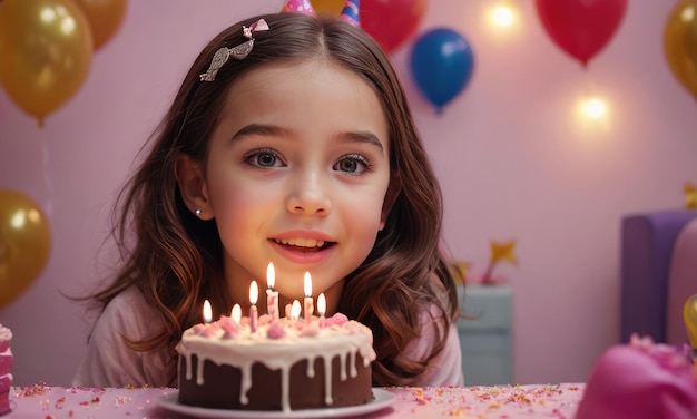 Happy birthday excited child girl celebrating and having fun at a kids birthday party