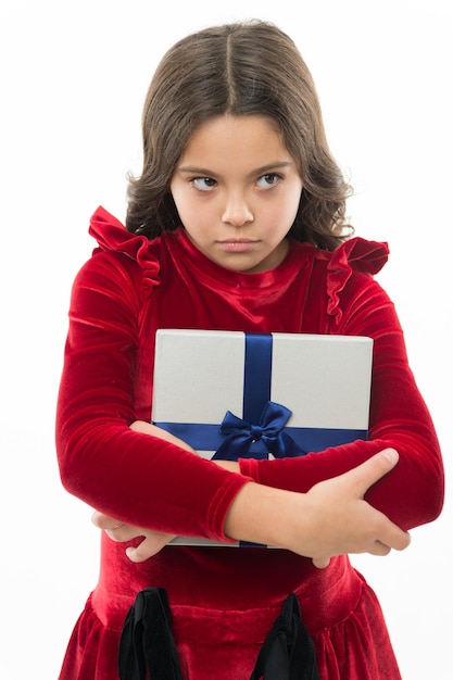 Happy birthday gift big sale in shopping mall Boxing day unhappy small girl after shopping Little girl with present box Perfect day Pleasant shopping Shopping mall Online shop