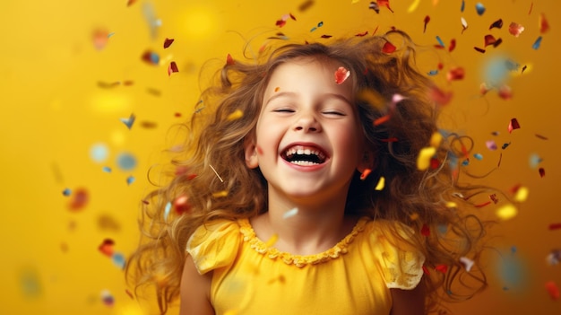 Happy Birthday Girl Beautiful Child Celebrating with Colorful Confetti on Yellow Background