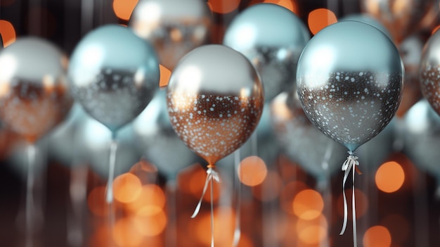 Happy birthday golden and silver balloons with confetti 3d Rendering 4k Ultra hd