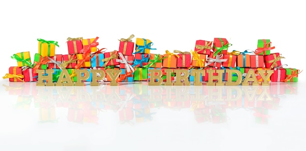 Happy birthday golden text on the background of varicolored gifts