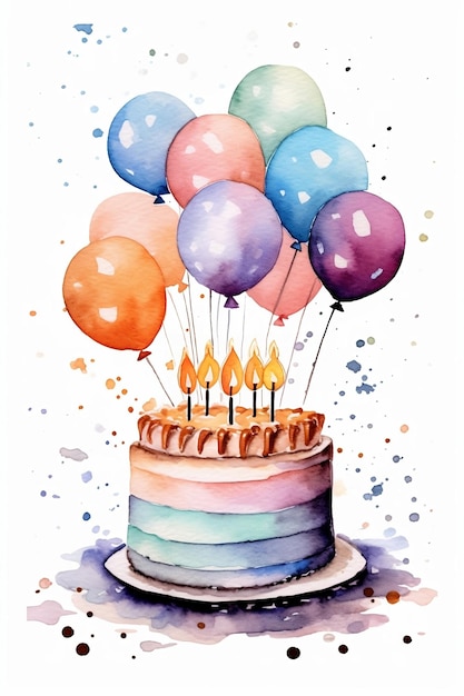 Happy birthday greeting card in watercolor style with festive cake and balloons Watercolor Birthday invitation