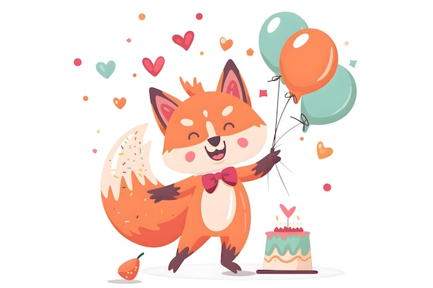 Happy Birthday Greeting card with a cute fox in flat style on a white background