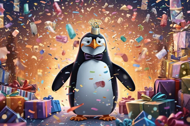 Happy birthday greeting card with cute penguin Generative Ai