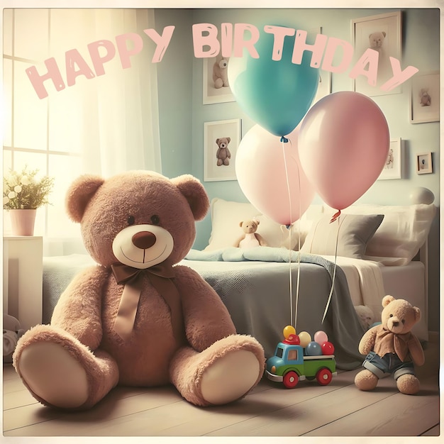 Photo happy birthday greeting card with a plush teddy bear and balloons