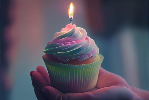 Happy Birthday A Hand Holding a Decorated Cupcake with a Candle Generated by Generative AI