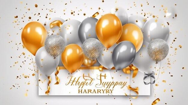 happy birthday horizontal illustration with realistic golden and silver air balloon on white