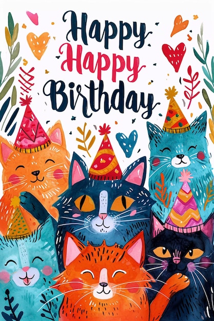 Photo happy birthday illustration with cat postcard styel generative ai