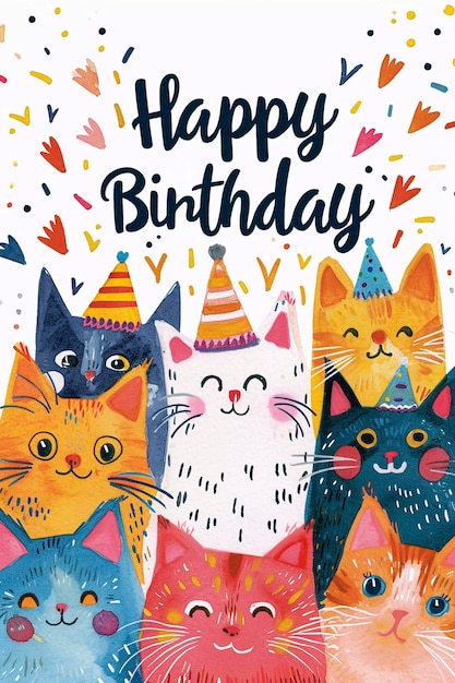 Foto illustrazione di buon compleanno con carta postale di gatto ai generativa