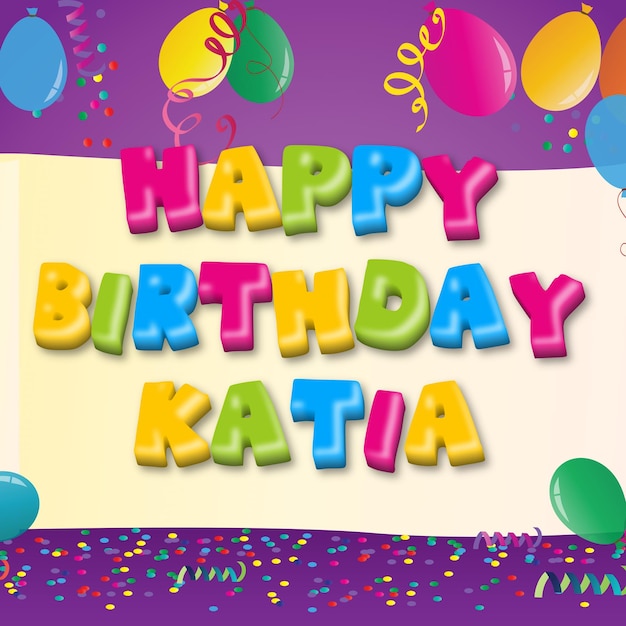 Happy Birthday Katia Gold Confetti Cute Balloon Card Photo Text Effect