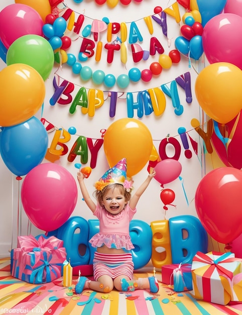 happy birthday lettering with golden letters cheerful and realistic banner with a 3d bunch balloons