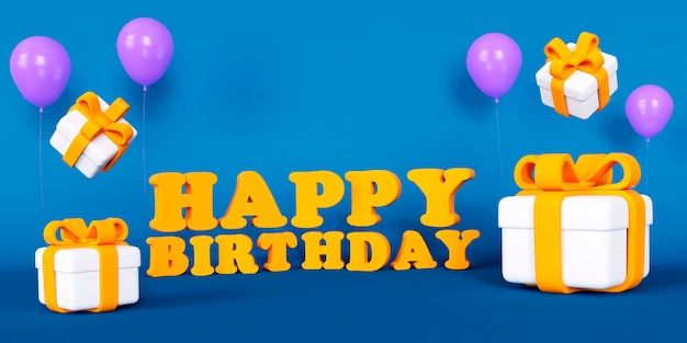 Happy Birthday lettering yellow colors with white gift boxes and purple balloons on blue background