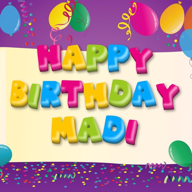 Happy Birthday Madi Gold Confetti Cute Balloon Card Photo Text Effect